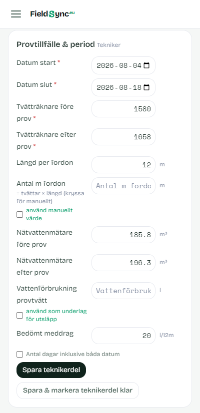 Teknikern fyller i provtillfälle och period för ett vattenprov i FieldSync